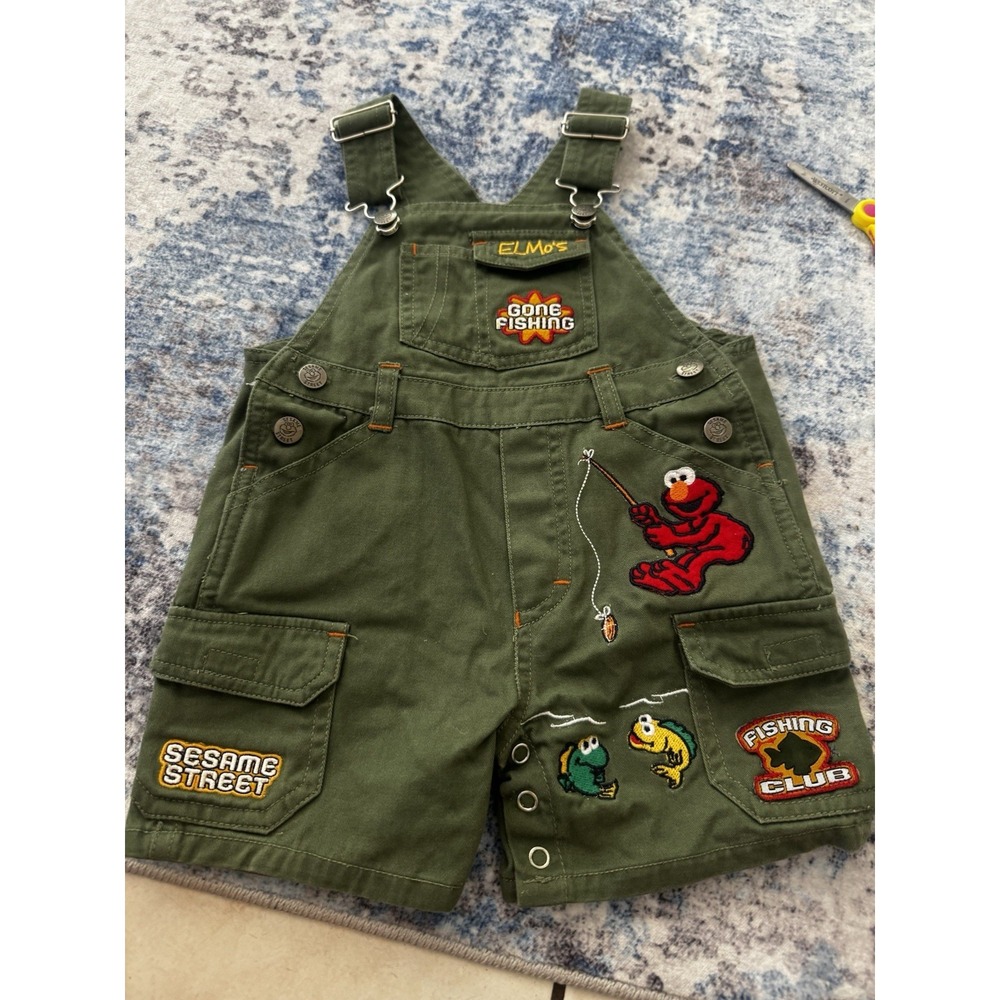 Vintage Elmo Embroidered Green Gone Fishing Club Boys Overalls Sesame Street 12M